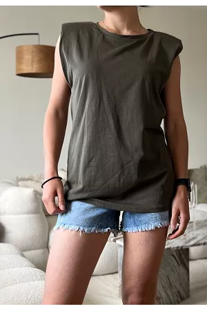 Kortärmad T-Shirt Med Vadderade Axlar - Khakigrön