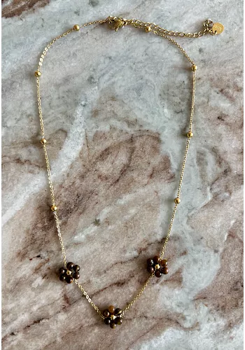 Halsband - Blomma - Tigeröga - Rostfritt stål - Guld 1